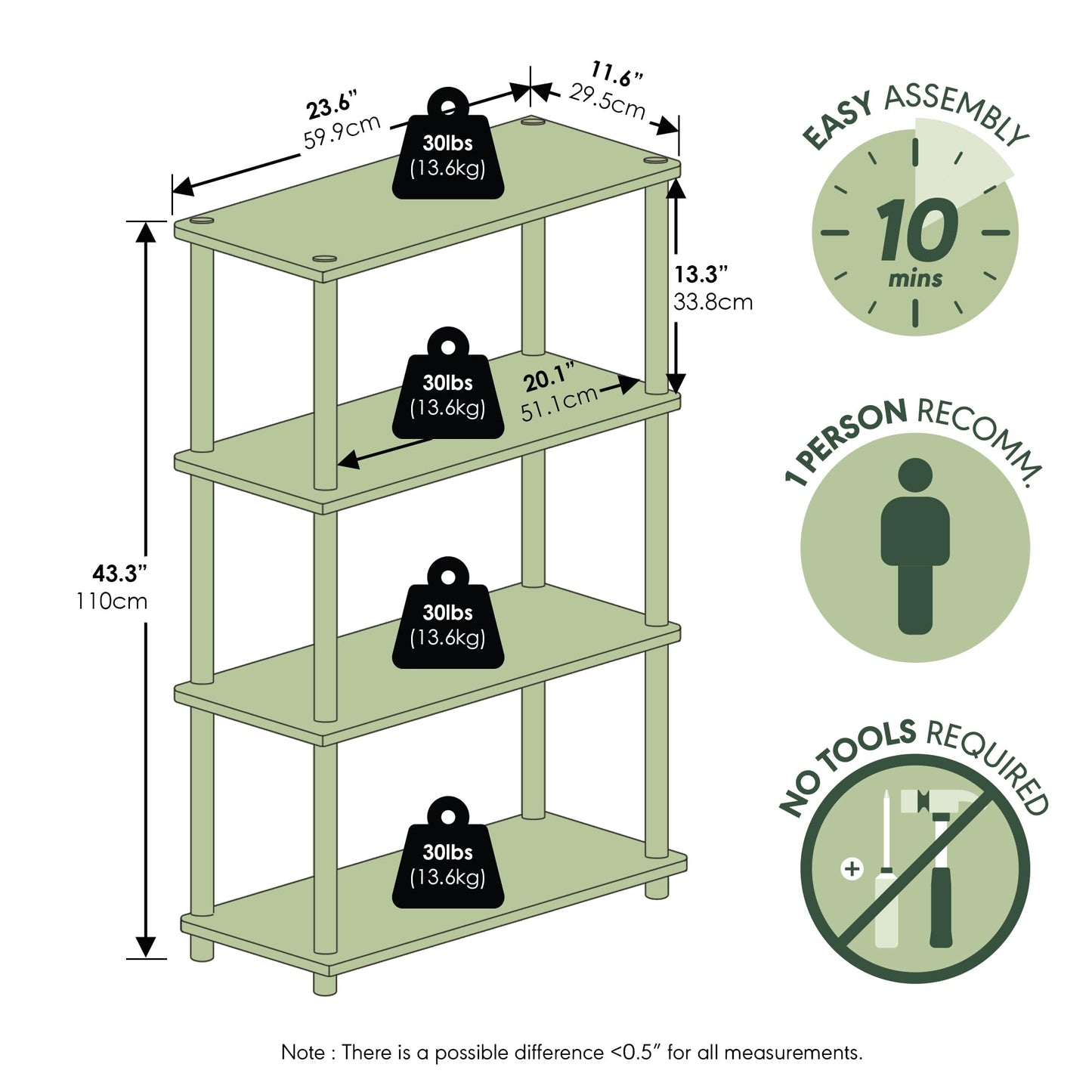 Furinno Turn-N-Tube Storage Shelves, 4-Tier Book Shelf, Corner Shelf, Toolless Open Shelves, for