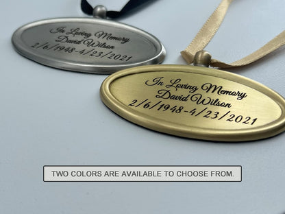 Personalized Engraved Name Tag for Urns - Customizable Plate for Cremation Urns - Engraved Hanging Plate in Golden or Silvery Tone with Satin Ribbon (Golden Pendant)