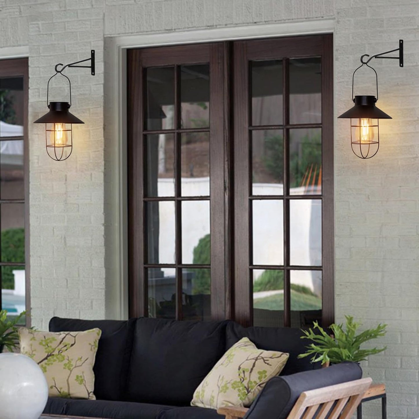 pearlstar Solar Lantern Outdoor 2 Packs Hanging Light Metal Solar Lamp with Warm White Edison Bulb Design for Garden Yard Patio Proch Decor(Black)