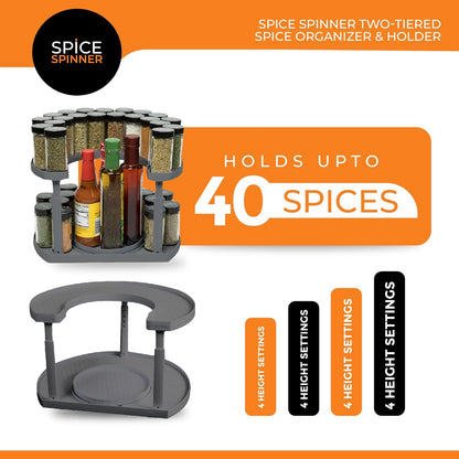 2-Tier Spice Rack Organizer for Cabinet | Rotating Lazy Susan Spice Organizer Holds 40 Spice Jars | Countertop & Pantry Spice Shelf for Kitchen Organization & Storage (Gray)