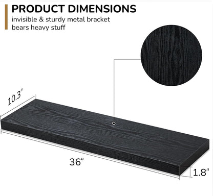 Floating Shelves - 10.3 Inch Deep Wall Shelf for Decor & Storage - Wall Mounted Display Shelving with Invisible Heavy-Duty Metal Bracket - 36" W x 10.3" D x 1.8" H - Set of 1 - Rustic Black