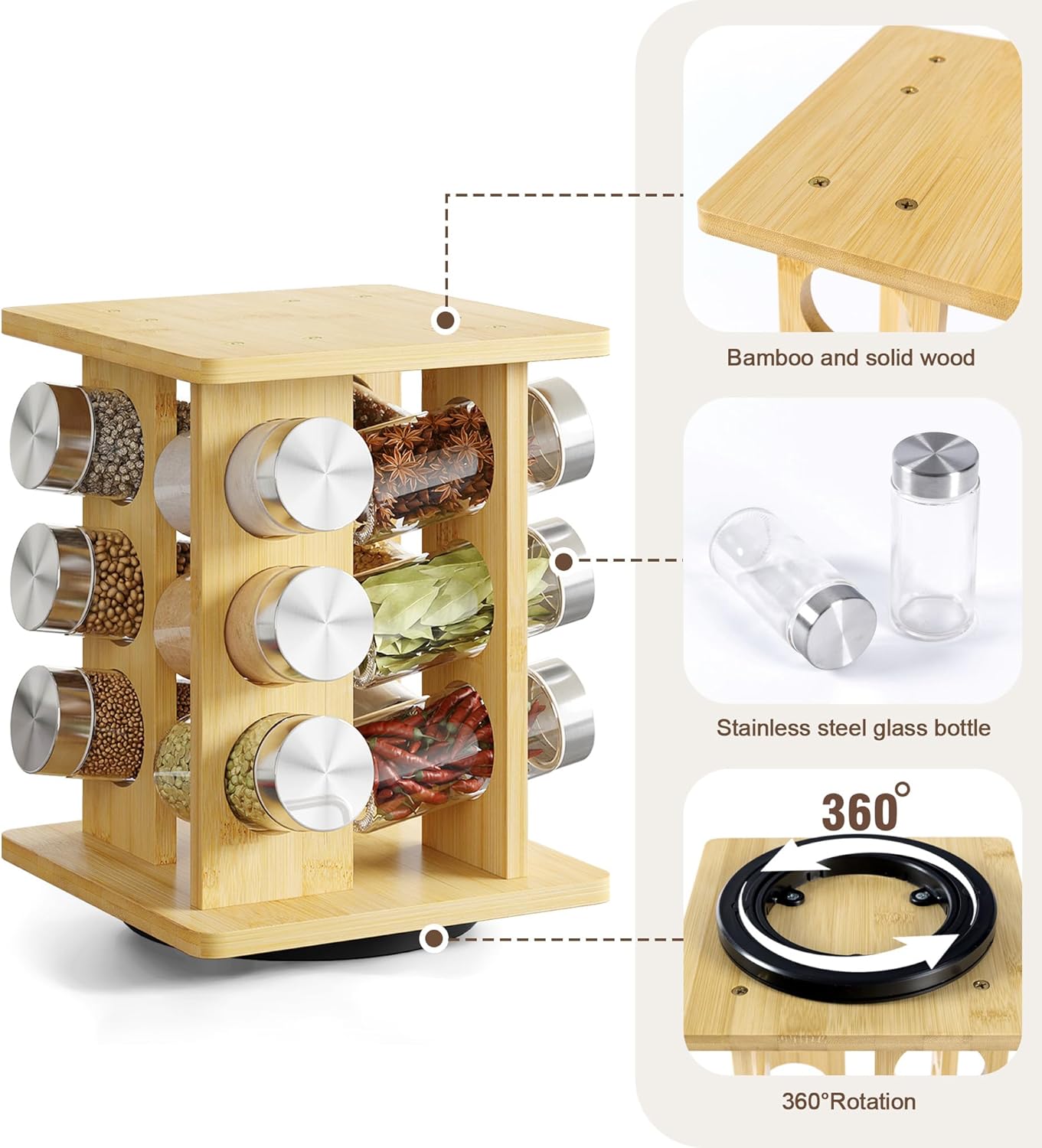 WelFurGeer Bamboo Spice Rack Organizer for Countertop, Revolving Spice Shelf with 12 Glass Jars, Lids & Labels, Desktop Rotating Seasoning Organizer for Kitchens, Space-Saving Design