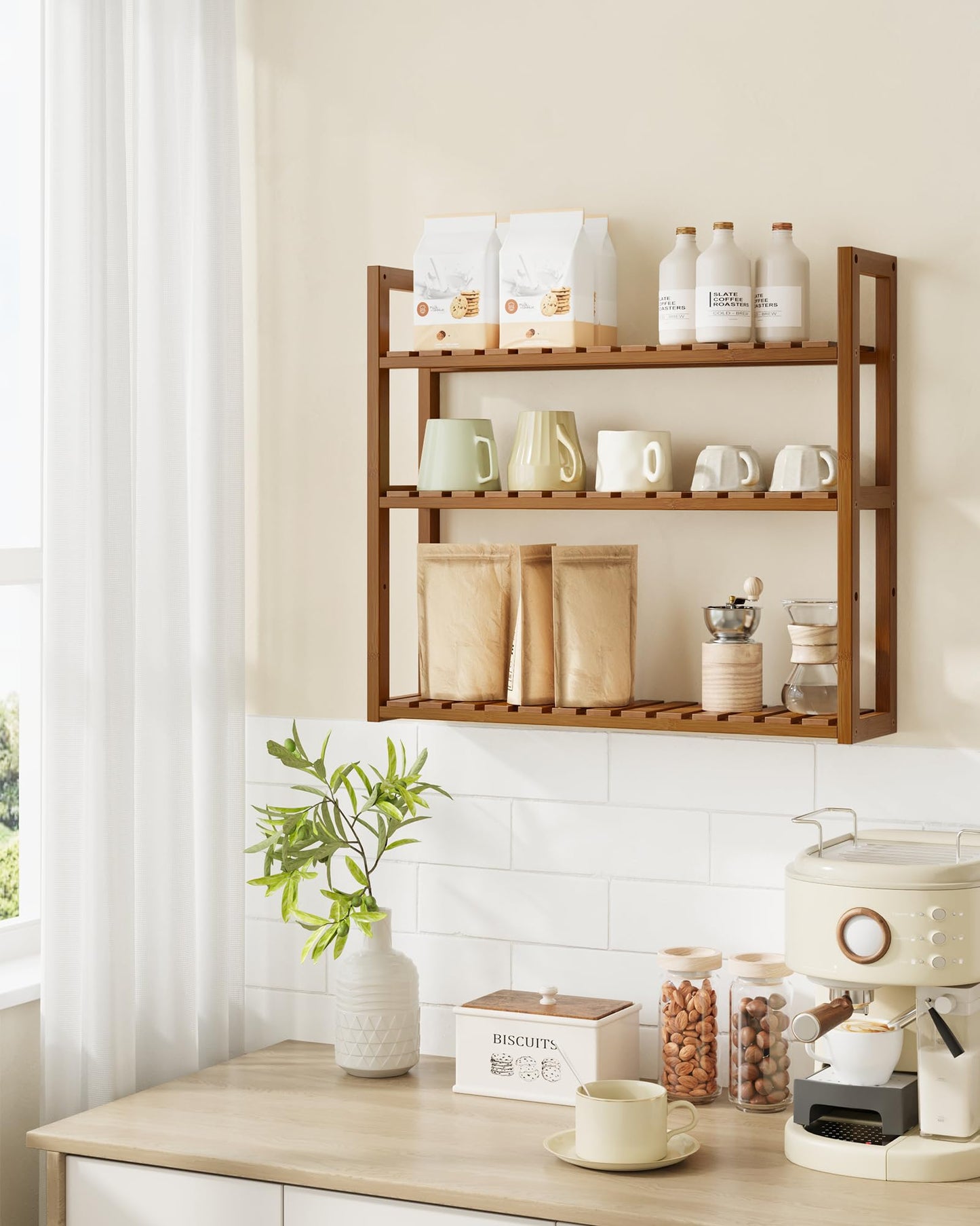 SONGMICS Bamboo Bathroom Shelf, 3-Tier Adjustable Plants Rack, Wall-Mounted or Stand, in The Living