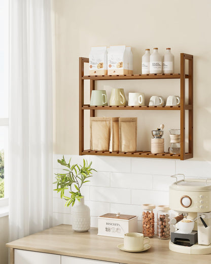SONGMICS Bamboo Bathroom Shelf, 3-Tier Adjustable Plants Rack, Wall-Mounted or Stand, in The Living
