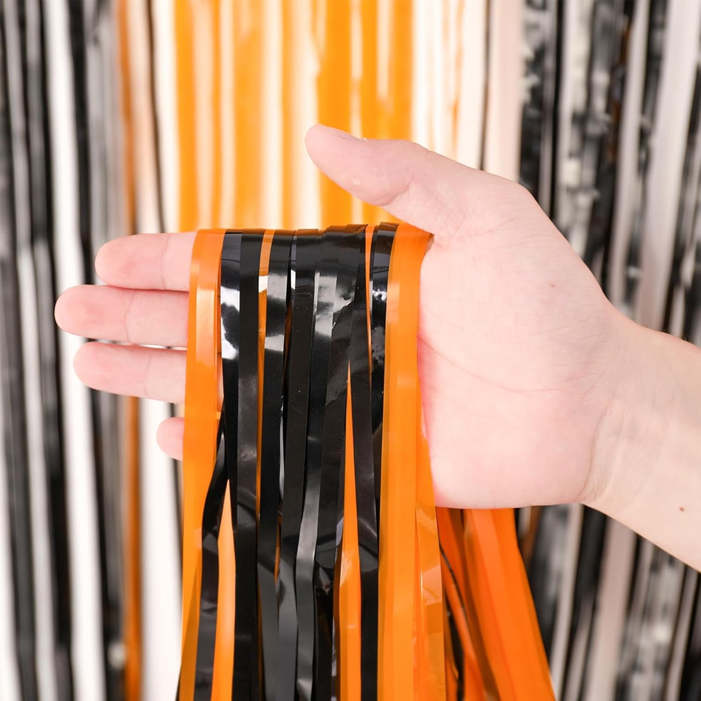 3 Pack 3.3x8.2 Feet Black and Orange Foil Fringe Backdrop Curtains, Tinsel Streamers Birthday Party Decorations, Fringe Backdrop for Graduation, Baby Shower, Gender Reveal, Disco Party