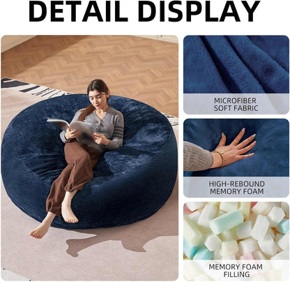 Bean Bag Chair 6Ft, Memory Foam Filled, Large Beanbag Chairs for Adults and Teens, Soft Sofa with Removable Flannel Cover, Round Couch for Living Room Bedroom College Dorm (Blue, 6FT-67×67"×24")
