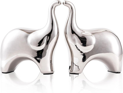 Loving Pair of Small Cute Silver Elephant Statues Silver Home Decor Modern Boho Style Figurine Decorative Ornaments for Living Room, Bedroom, Office Desktop, Cabinets, Shelf