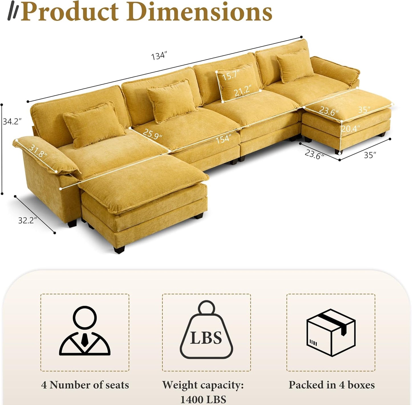 URRED Modular Sectional Sofa Comfy Cloud Couch, Modern Chenille Sofa Sleeper Deep Seat Couches with Ottoman/Pillows for Living Room (Yellow, 154'' - U Shape)
