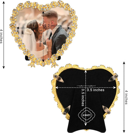 Heart Shaped Wedding Picture Frames for Couple - Beaded Crystal 4x4 Picture Frame – Engagement Gift, Wedding Gift for newlyweds - Fits 3.5x3.5 photo - Valentine Picture Frame (Golden)