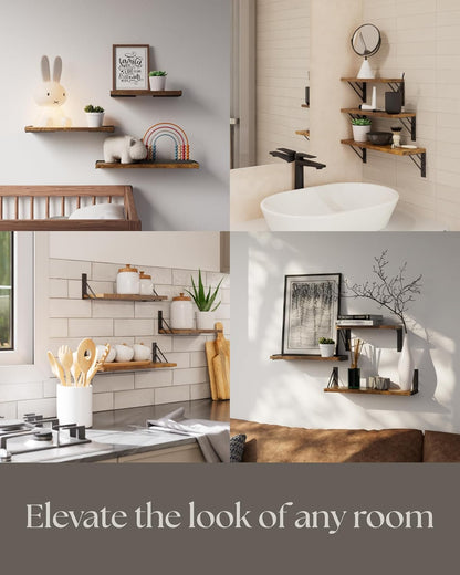 BAYKA Wall Shelves for Bedroom Decor, Floating Wall Shelves for Living Room Kitchen Storage, Wall Mounted Rustic Wood Floating Shelves for Kids Books,Corner Shelves for Bathroom(Set of 3)