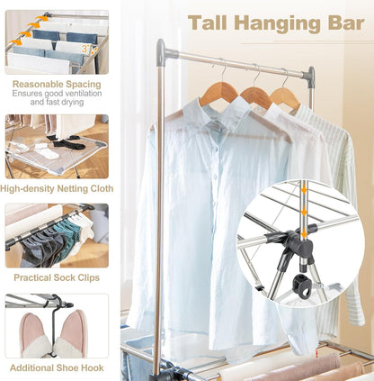 Tangkula Foldable Clothes Drying Rack, 2-Tier Laundry Drying Rack w/Tall Hanging Bar, Height Adjustable Gullwing, Freestanding Garment Stand for Indoor Outdoor Use