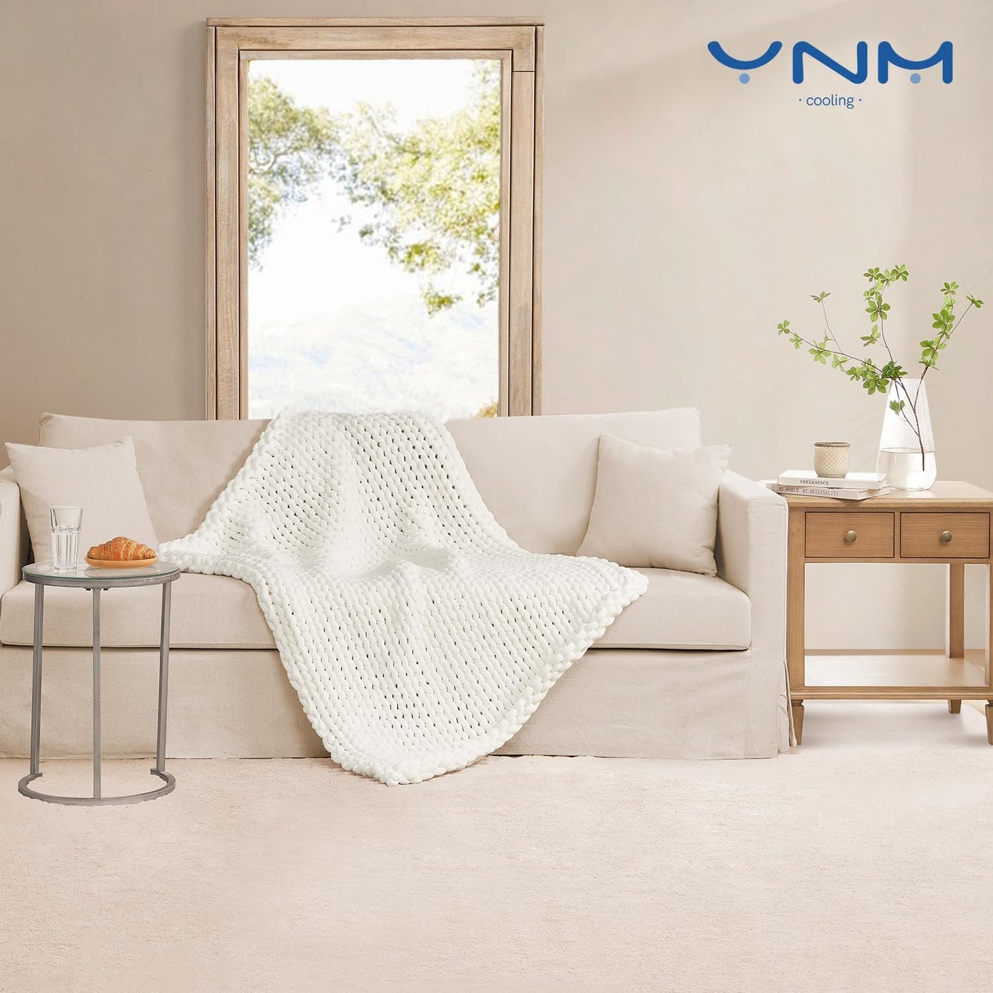 YnM Cooling Chunky Throw Blanket, Medium-Weight, Hand Knitted, Skin Friendly, Ventilated and Breathable, Machine Washable, Home Décor Piece for Couch, Sofa and Bed (White, 60x80 Inch)