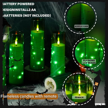Flickering Flameless LED Candles,Battery Operated Candles 9 Pcs with Embedded Star String,Acrylic LED Pillar Candles with Remote,Suitable for Home Decoration to Create an Atmosphere (Green)