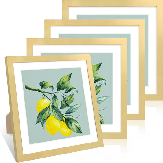 12x12 Picture Frame Set of 4, 12 x 12 Wood Photo Frames with Mat for 10x10 or 30x30cm Diamond Painting Art, Wooden Frame with Real Glass Cover for Wall and Tabletop Display,Gold