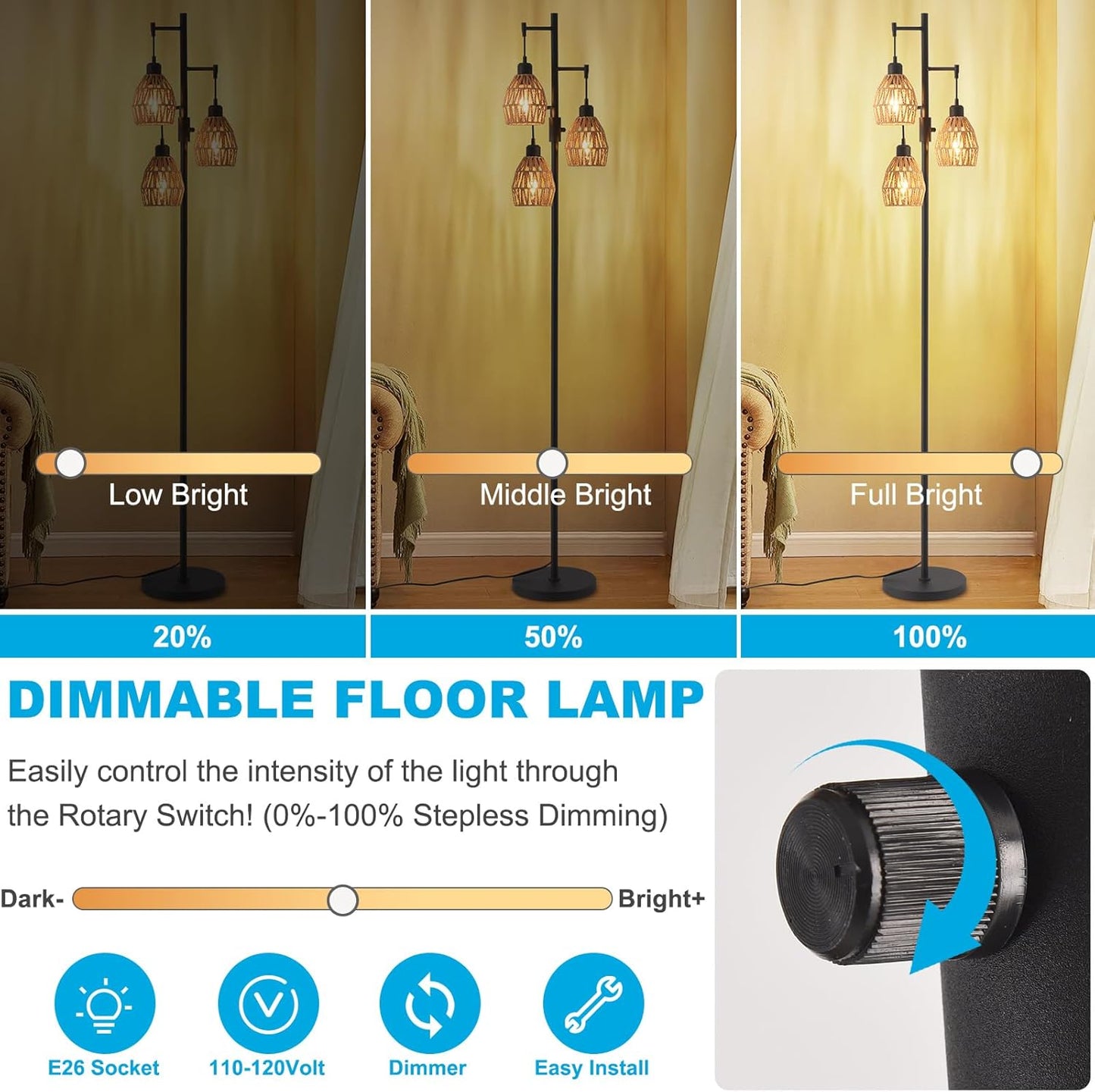 Boho Rattan Floor Lamp-Standing Lamps for Living Room 70'' Dimmable Floor Lamp with Cage Shade, Industrial Farmhouse Floor Lamps Rustic Floor Lamps Vintage Lamp for Living Room Bedroom Office