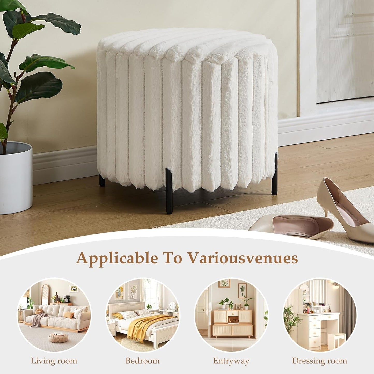 Furniliving Modern Round Ottoman, Large Size Bedroom Ottoman Footstool Round Ottomans Stool for Living Room, Bedroom, Makeup Room, Beige, Faux Fur