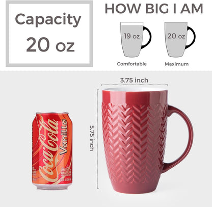 AmorArc Extra Large Coffee Mugs Set of 6, 20oz Ceramic Tall Coffee Mugs with Textured Geometric Patterns for Latte/Tea/Beer/Hot Cocoa, Dishwasher & Microwave Safe, Burgundy