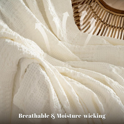 PHF 100% Cotton Waffle Weave Blanket Queen Size, Soft Lightweight Breathable Cozy Summer Blankets for Bed, Luxury Aesthetic Woven Bedding for Home Decor, 90"x90", Ivory