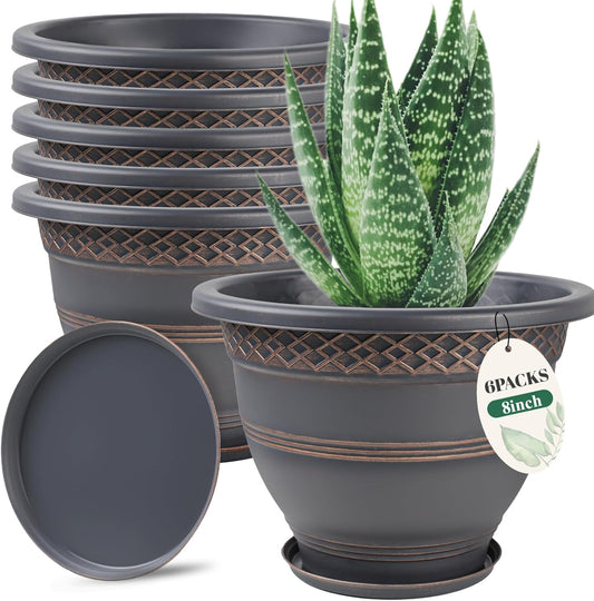 6 Pack 8 Inch Plant Pots, Plastic Flower Pot for Indoor & Outdoor with Drainage Holes & Saucer, Plaid Pattern Planters Garden Pots for Herbs