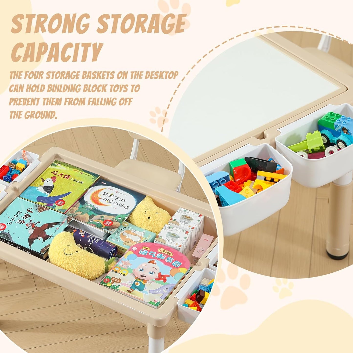 Multi Functional Kids Table and 2 Chairs Set, Graffiti & Building Blocks Double-Sided Tabletop, Toddler Play Table with Drawers, Large Storage Space, Gift for Boys/Girls, Burlywood