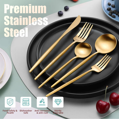 Matte Gold Silverware Set for 4,Modern Stainless Steel Brushed Cutlery Set,20-Pieces Heavy Duty Flatware Set,Knives Spoons and Forks Set Utensils Set, Satin Finish, Dishwasher Safe