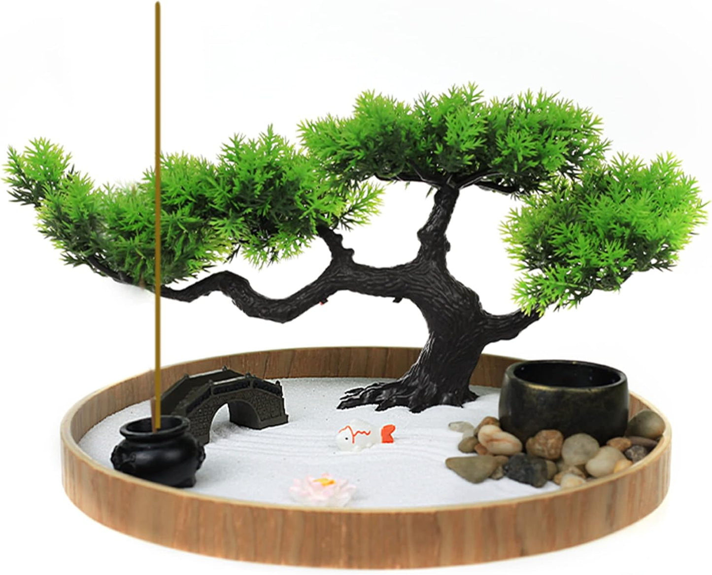Japanese Zen Garden for Desk - Zen Garden Sand Kit, Artificial Bonsai Tree, Rakes & Accessories - Japanese Decor Office Home Desktop Relaxation Sandbox Decor. 9.5" Inches Wooden Round Tray