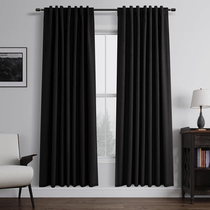 BOODII Black Blackout Curtains for Bedroom 80 Inch Length 2 Panels Set Room Darkening Curtains Linen Black Out Curtain Modern Thermal Insulated Living Room Drapes Back Tab 52x80