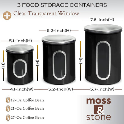 Moss & Stone 3-Piece Black Canisters Sets For The Kitchen, Airtight Canister Set With See Through Window, Storage Jars for Coffee Container, Tea Organizer & Sugar Canister, Black Kitchen Canisters
