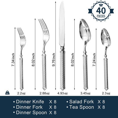 KINGSTONE Retro Rope-Pattern Silverware Set, 40-Piece Flatware Set Cutlery Set Forged with Handcrafted Texture Handles 18/10 Stainless Steel, Dishwasher Safe