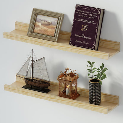 SAUMONIERES Picture Ledge Shelf Floating Book Shelves Set of 2 Wall Mounted Solid Wood for Bedroom Bathroom Living Room Kitchen, 24 Inch Natural