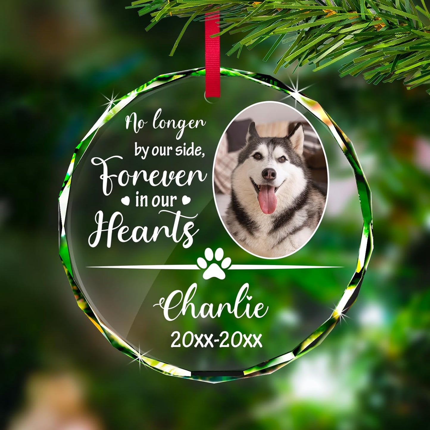 Personalized Memorial Pet Glass Ornament - Custom Picture Christmas Ornaments, Dog Forever in Our Hearts Hanging Ornament Xmas Tree Decor for Dog Lovers
