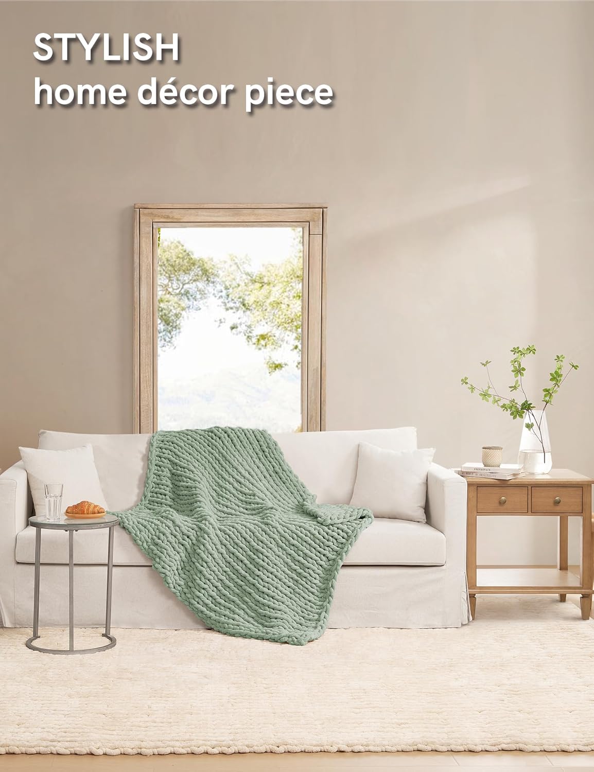 YnM Chunky Throw Blanket, Medium-Weight, Hand Knitted with Chenille Yarn, Skin Friendly, Ventilated and Breathable, Machine Washable, Home Décor Piece for Couch, Sofa and Bed (Sage Green, 50x60 Inch)