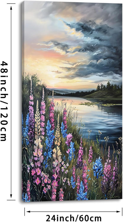 LASMOND Beautiful Colorful Grassland by Riverbank Landscape Wall Art Decor Artwork for Bedroom (24x48 Inches)