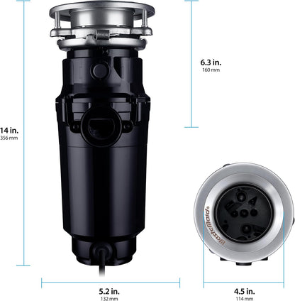 Waste Maid 10-US-WM-458-SL-3B Garbage Disposal Anti-Jam Stainless Steel Food Waste Grinding System, 3/4 HP Slim Line, Black