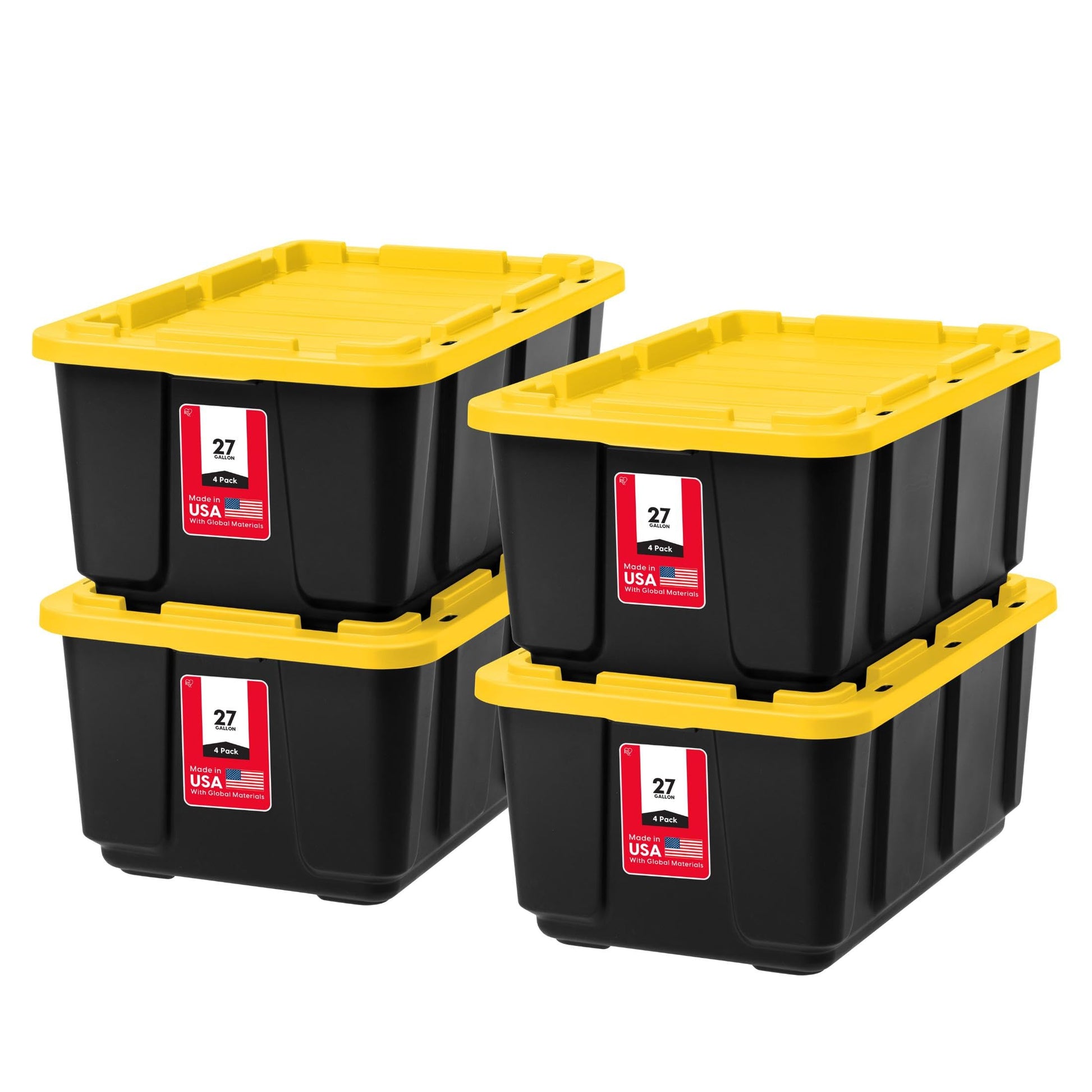 IRIS USA 4-Pack 27 Gal Heavy Duty Storage Tote Bins with Lids, Black/Yellow