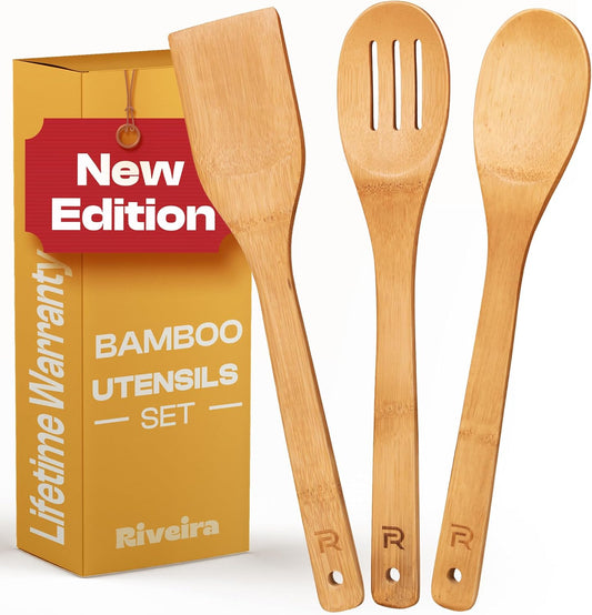 Riveira Bamboo Wooden Spoons for Cooking 3-Piece, Apartment Essentials Wood Spatula Spoon Nonstick