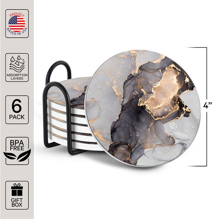 Emerson Coasters for Drinks Absorbent – Saucers Coffee Table Set of 6 with Holder, 100% Ceramic Wooden Tabletop Protection Marble Style, Non-Slip & Cork Bottom - Heavy Duty Drink Coasters (Crown)