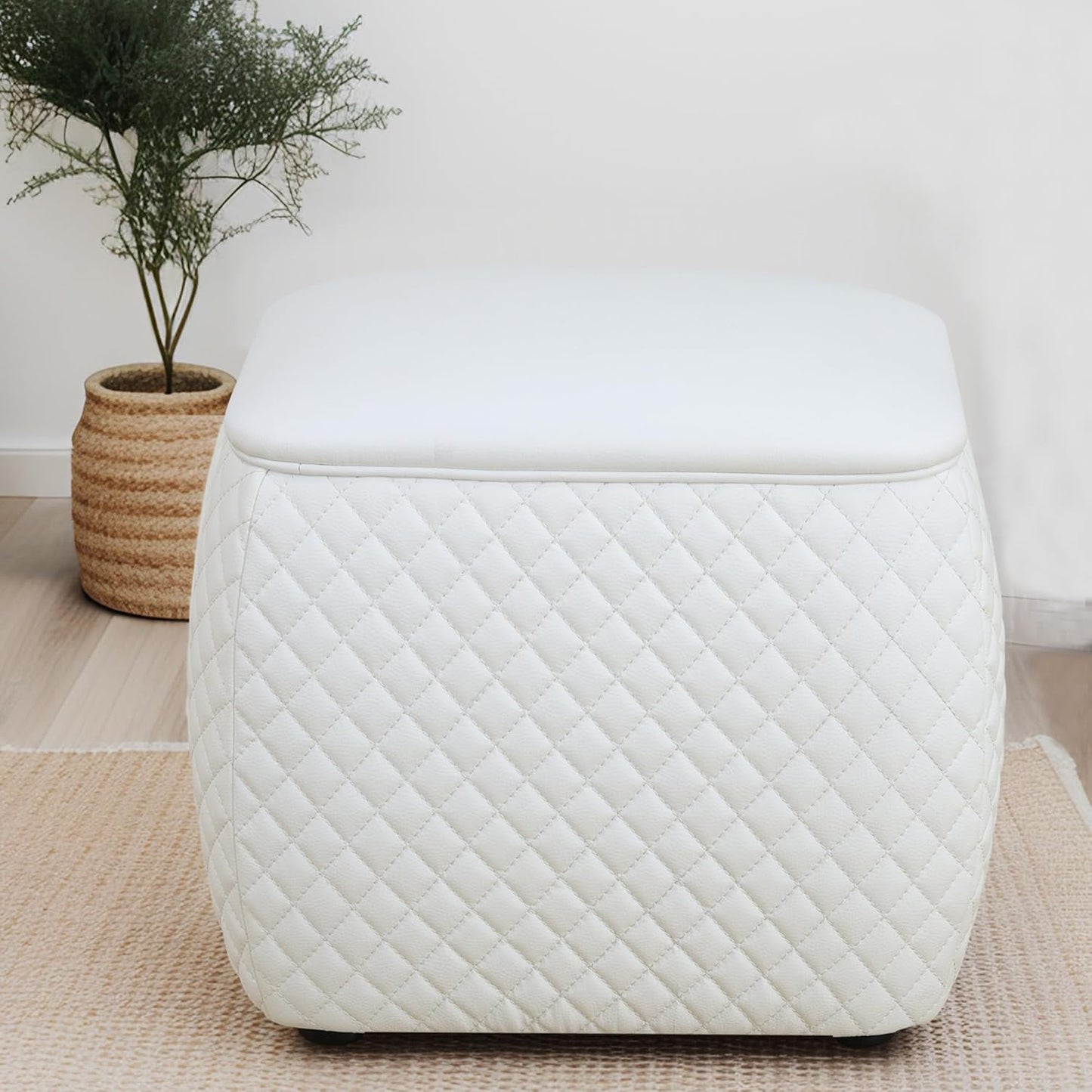 Ottoman Rectangular Storage Ottoman Bench, Faux Leather Footrest, Stool Footstool for Living Room, Bedroom, Entryway, White, 19.5"x15.5"x18"