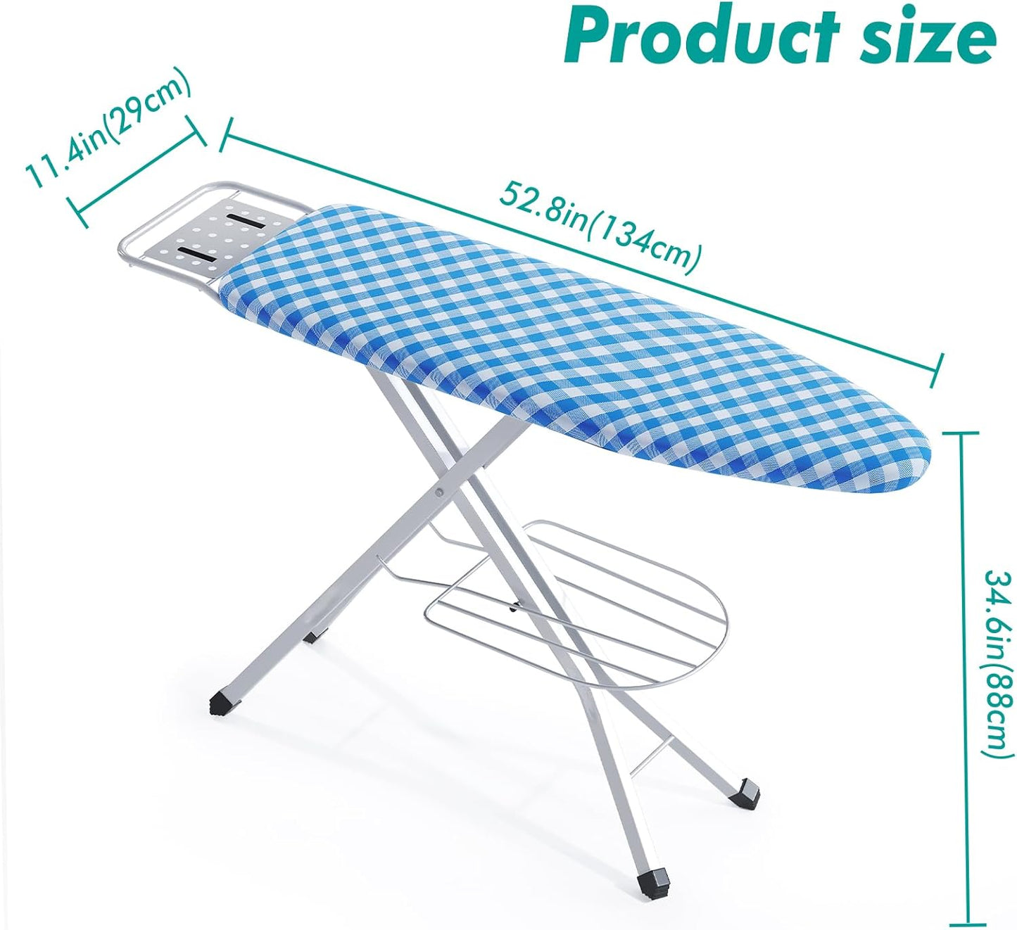 Ironing Board, Heat Resistant Cover Iron Board with Steam Rest, Non-Slip Foldable Ironing Stand. Heavy Sturdy Metal Frame Legs Iron Stand(13 * 34 * 53 Inches) (Blue White)