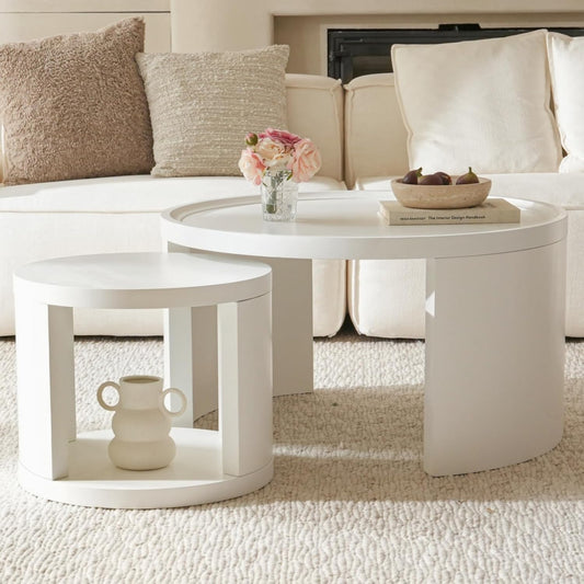 Round Nesting Coffee Table Set of 2,31.5" Large & 18" Small Low Tables with Wood Look
