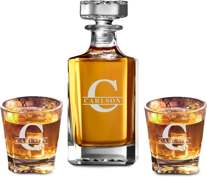 Personalized Square Whiskey Decanter Set for Men 750ml Luxury Gift for Valentine's, Birthdays, Anniversaries - Liquor Decanters with 2 or 4 Glasses Retirement, Weddings - 24 Engraved Design Options