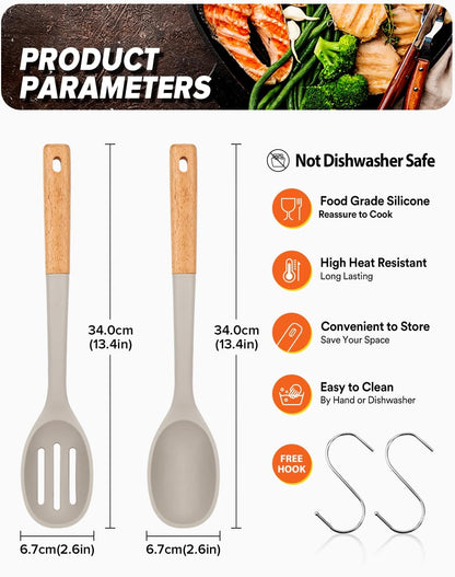 Silicone Cooking Spoons, Great for Scooping Sides and Serving Hearty Stews, BPA-Free Matte Silicone, Wooden Handle Serving Spoon for Nonstick Cooking Surfaces (Khaki)