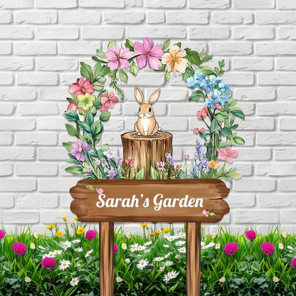 Personalized Rabbit Metal Sign with Stake,Custom Gardener Last Name Signs Outdoor Decor,Customized Flowers Gardening Birthday Gifts,Cute Animal Plaques for Patio Lawn Porch Backyard Farmhouse Outside