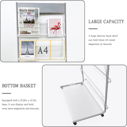 TONGMO Floor-Standing Magazine Rack 4-Layer with Wheels, Brochure Display Stand, High-hardness metal for Exhibitions, Office, and Any Organization Requiring Information Display (Silver)