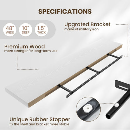 Fun Memories 10 Inch Deep Shelves, Floating Shelves for Wall 48 Inches Long, Wood Floating Shelves for Wall, Large Storage Shelves Wall Mount for Living Room Bedroom, White, Set of 1
