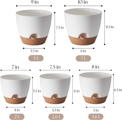 Giraffe Creation Plant Pots Set of 5 (10/9/8/7.5/7 inch), Self-Watering Indoor & Outdoor Flower Planters with Drainage Hole and Reservoir, White