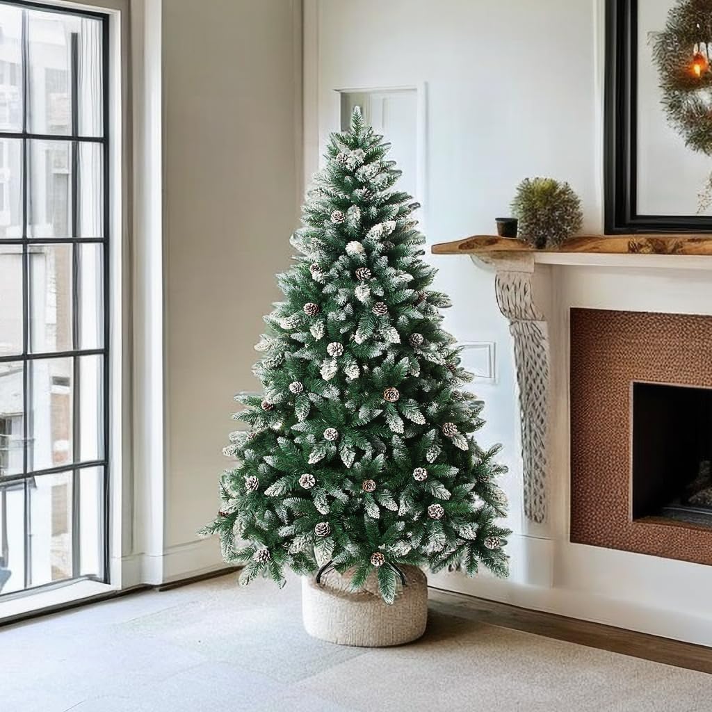 Artificial Christmas Tree 5/6/7/7.5 Foot Flocked Snow Trees with Pine Cone Decoration Unlit
