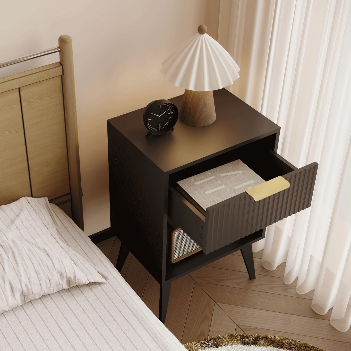 Fluted Night Stand with Opening Storage,Mid Century Bedside Table with Drawer,Modern Nightstand with Solid Wood Legs,End Table Side Table for Living Room,Bedroom,Black CTG56BK