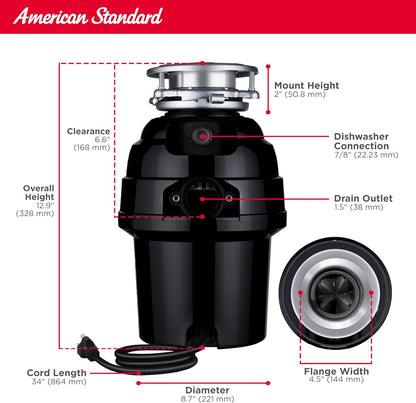 American Standard 10-US-AS-7 Garbage Disposal Anti-Jam Stainless Steel Food Waste Grinding System, Heavy Duty, 3/4 HP, Black