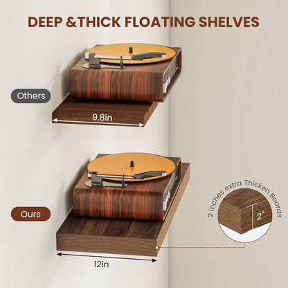 Wide Floating Shelves for Wall 12 Inch Deep, 24" X 12" X 2" Floating Shelf, 2 Inch Thick Shelf for Bathroom Bedroom Kitchen Book Room, Heavy Duty 55lbs Shelves for Farmhouse Decor Set of 2, Walnut